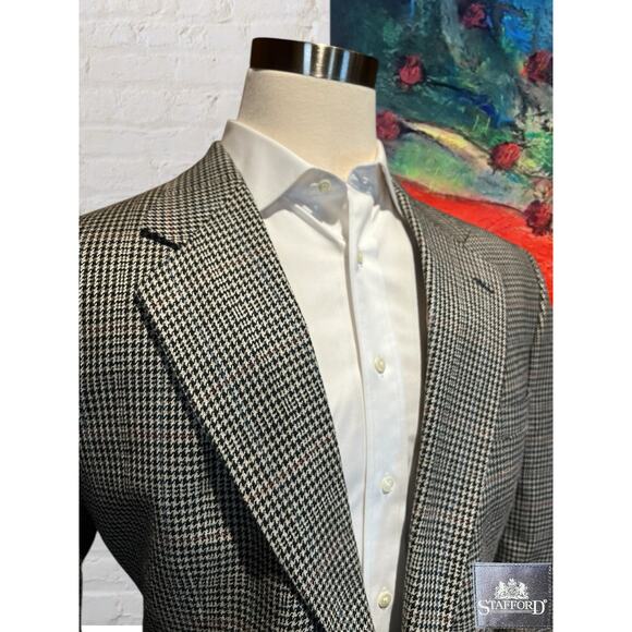 Stafford Mens 46R Black Beige Burgundy Houndstooth Plaid Blazer Sport Jacket - Picture 5 of 16
